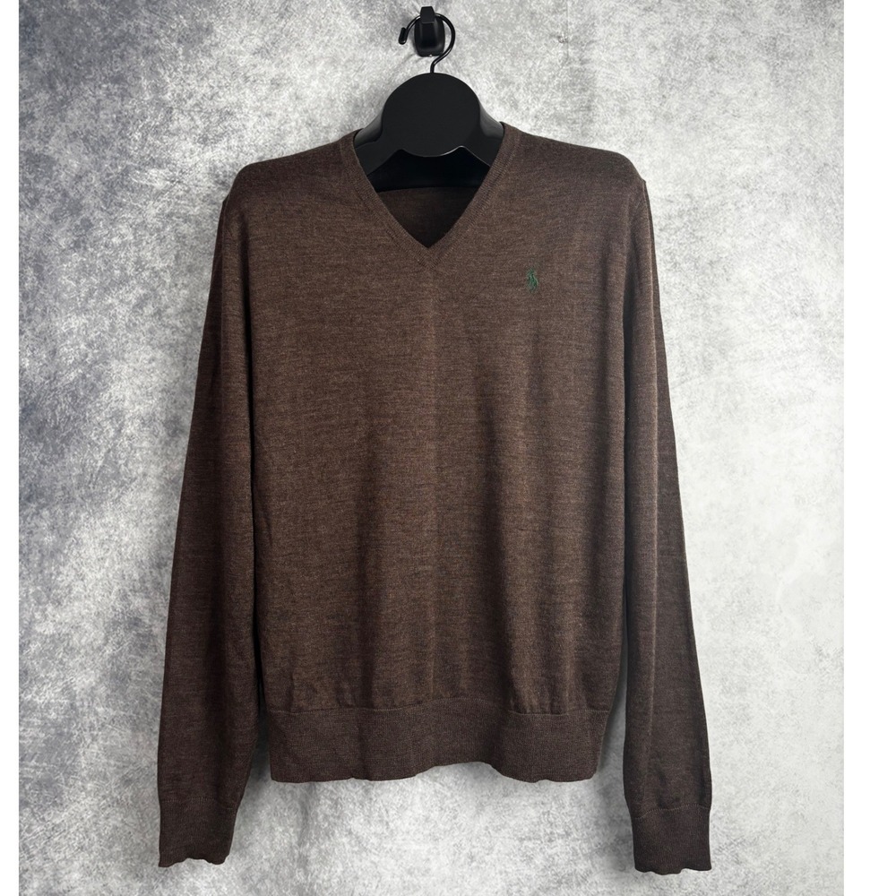 Polo Ralph Lauren 100% Merino Wool Brown V-Neck Custom Fit Lightweight Sweater